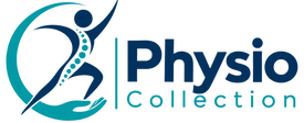 Physio Collection logo featuring a teal and navy blue graphic of a person with a dotted spine inside a circular swoosh, alongside the text 'Physio Collection' on a white background.